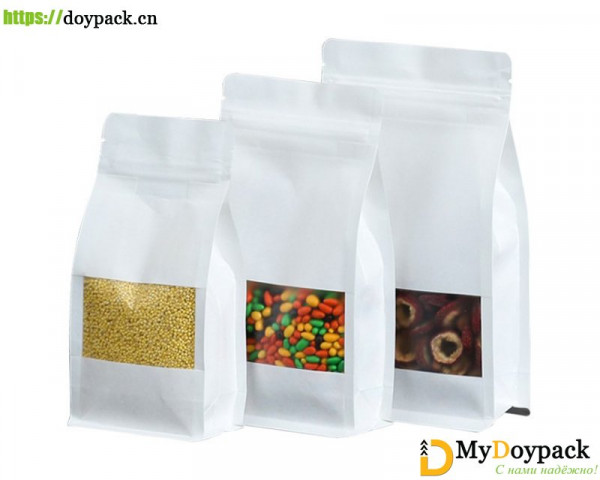 #UK8-White Kraft Quad Seal Pouch with Square Window/6 Sizes Available