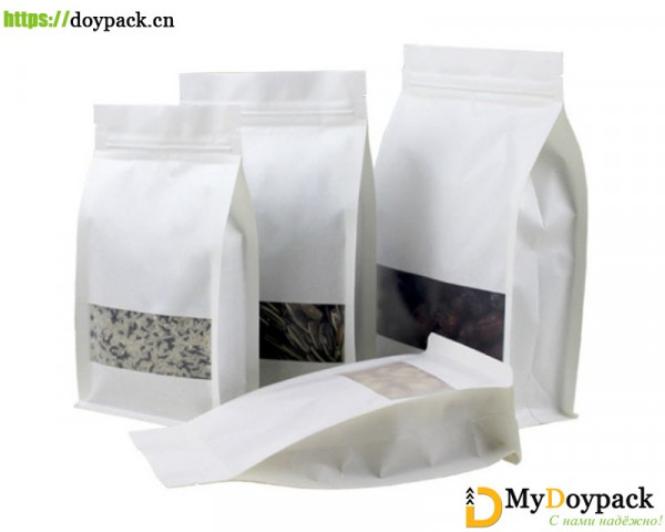 #UK8-White Kraft Quad Seal Pouch with Square Window/6 Sizes Available