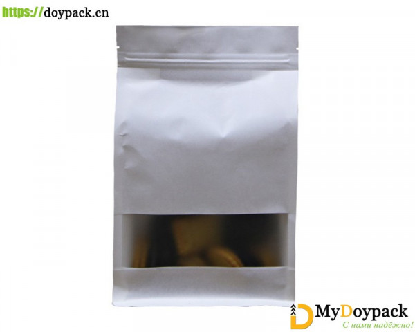 #UK8-White Kraft Quad Seal Pouch with Square Window/6 Sizes Available